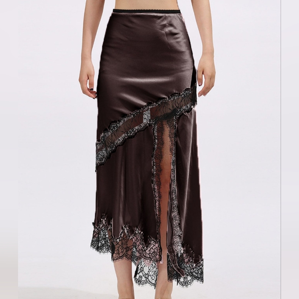 Stylish Brown Lace Trim Satin Skirt
